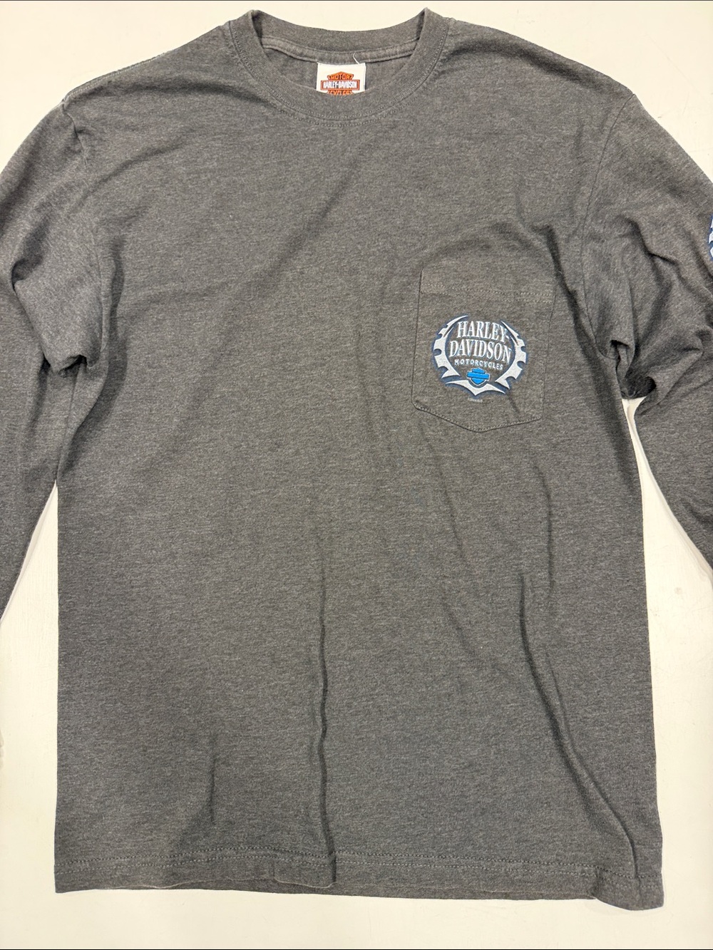 Harley-Davidson Gray Long Sleeve Pocket Tee with Blue Logo